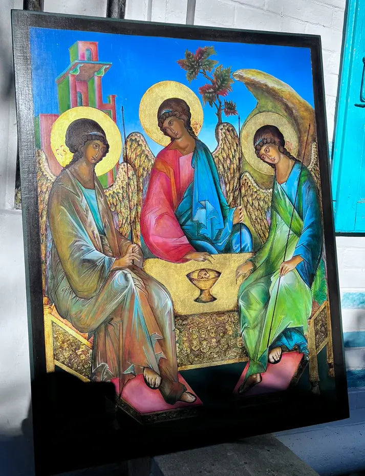 Icon of the Holy Trinity by Andrei Rublev with three angels seated at a table painted by Jean Luc Theallet / icône sainte trinité peinte par Jean luc Theallet