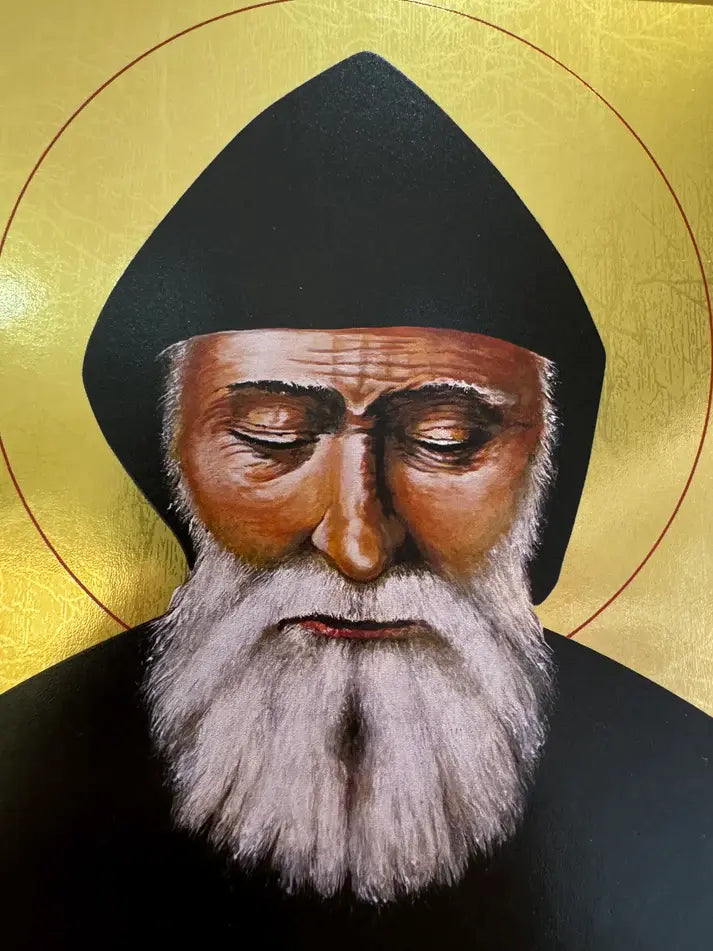 Icon of Saint Charbel Makhlouf in monastic habit, with halo / icône de saint Charbel reproduction de l'icône de Jean luc Theallet