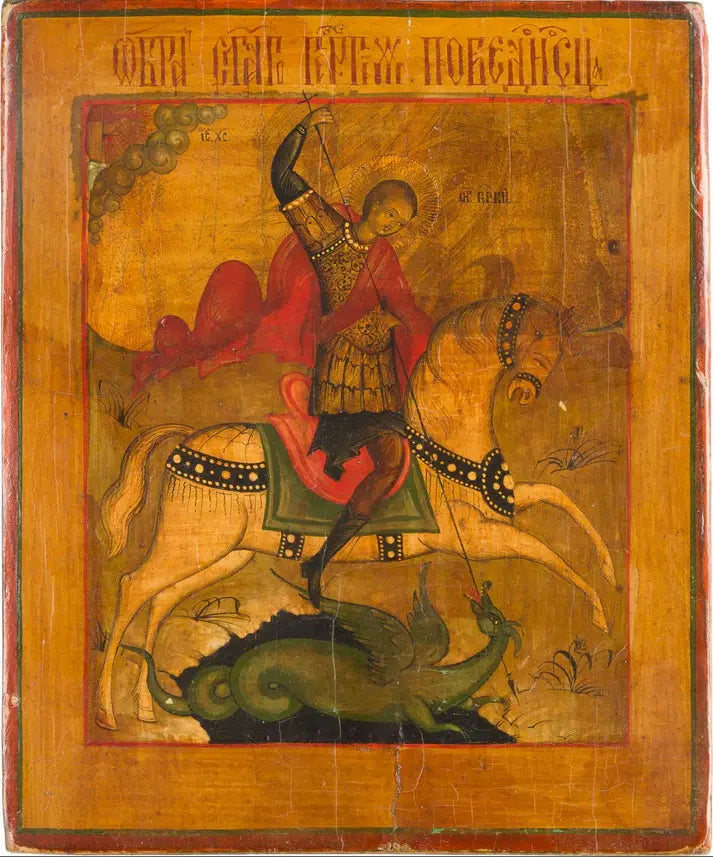 Icon of Saint George slaying the dragon, traditional Orthodox depiction / Icône de Saint Georges