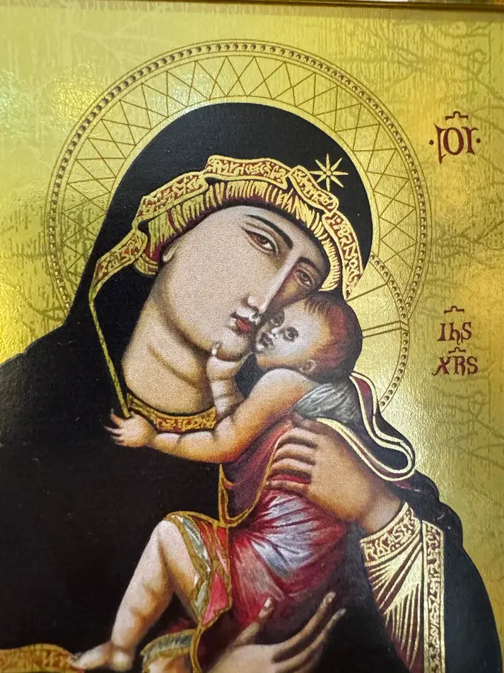 Icon of the Virgin of Cambrai holding the Christ Child in Byzantine style by Jean Luc Theallet / icône de la Vierge de Cambrai