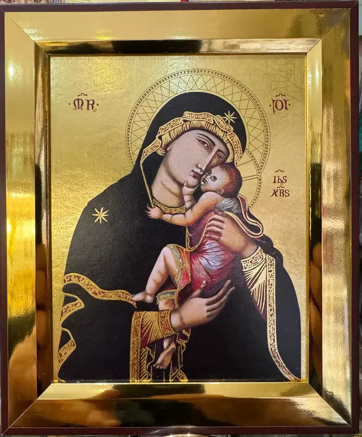 Icon of the Virgin of Cambrai holding the Christ Child in Byzantine style by Jean Luc Theallet / icône de la Vierge de Cambrai