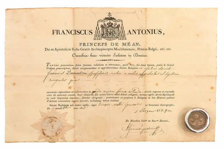 Relic of Saint John of Damascus with certificate of authenticity / Relique de Saint Jean Damascène avec certificat d'authenticité