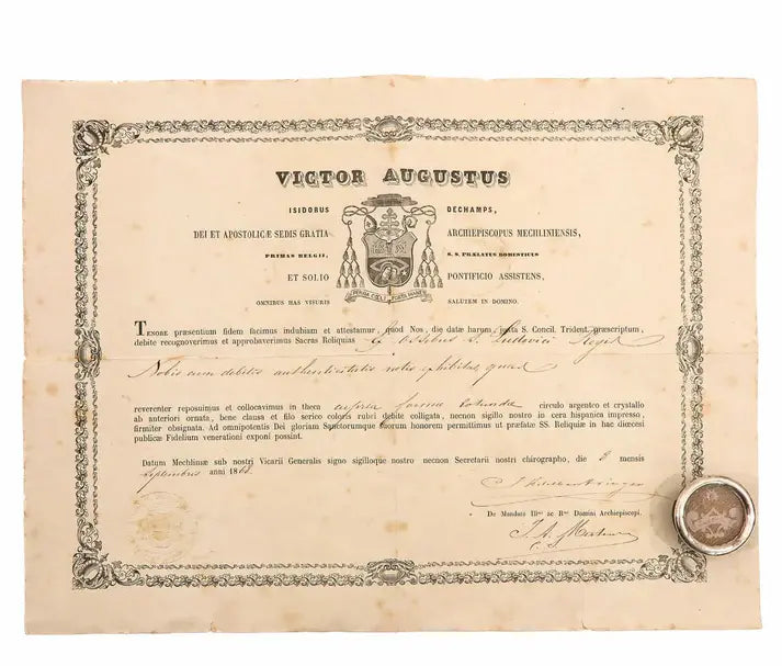 Relic of Saint Louis IX, King of France, with certificate of authenticity / Relique de Saint Louis IX, roi de France
