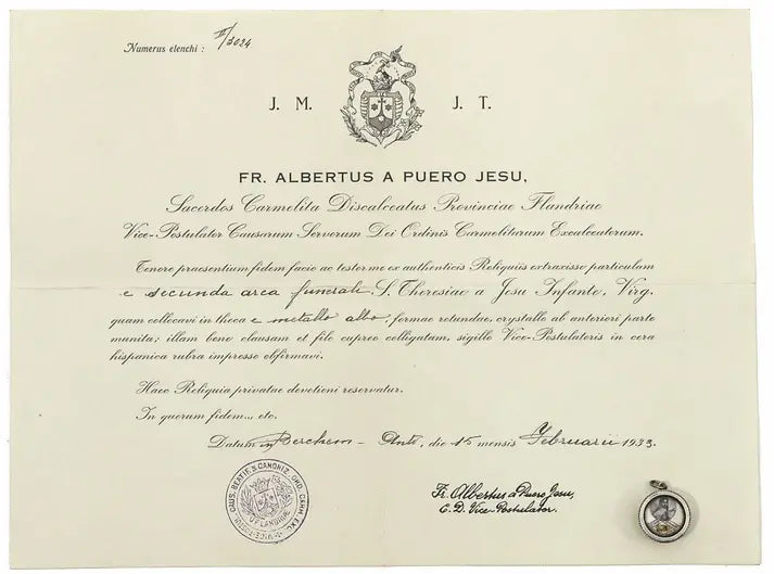 Relic of Saint Thérèse of Lisieux with certificate of authenticity / Relique sacrée de Sainte Thérèse de l’Enfant Jésus avec certificat