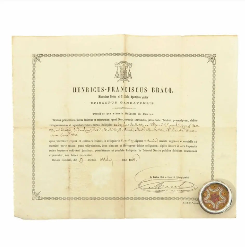 Reliquary containing relics of the Blessed Virgin Mary, St. Joachim, St. Anne, St. Joseph, and St. Francesca Romana certificate / Reliquaire avec reliques de la Vierge Marie, Saint Joachim, Sainte Anne, Saint Joseph et Sainte Francesca Romana