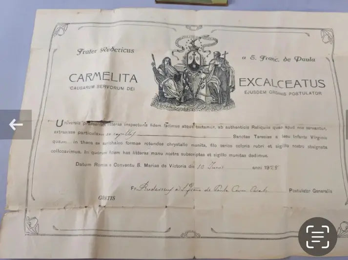 saint therese of lisieux reliquary sainte thérese de l'enfant jesus with certificate zoom certificate / reliquaire de Sainte Thérèse de lisieux avec certificat d'authenticité