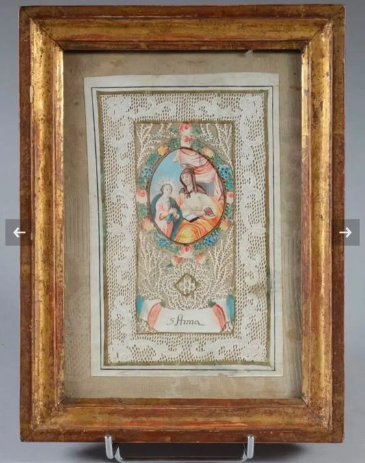 17th century devotional canivet of Saint Anne and the Virgin Mary in gilt frame
/
Canivet du XVIIᵉ siècle représentant sainte Anne et la Vierge Marie dans un cadre en bois doré