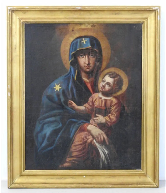 Antique 18th-century icon of the Virgin Mary and Child Jesus, inspired by the famous Salus Populi Romani, framed in gilded wood.
/
Icône ancienne du XVIIIᵉ siècle représentant la Vierge Marie et l’Enfant Jésus, inspirée de la Salus Populi Romani, encadrée en bois doré.