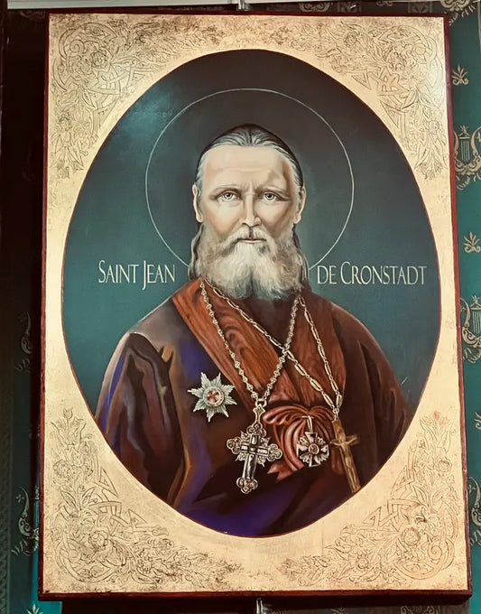 Icon of Saint John of Kronstadt painted in tempera and gold leaf by Jean-Luc Théallet / icône Saint Jean de Kronsdtadt peinte par Jean Luc Theallet tempera et feuilles d'or