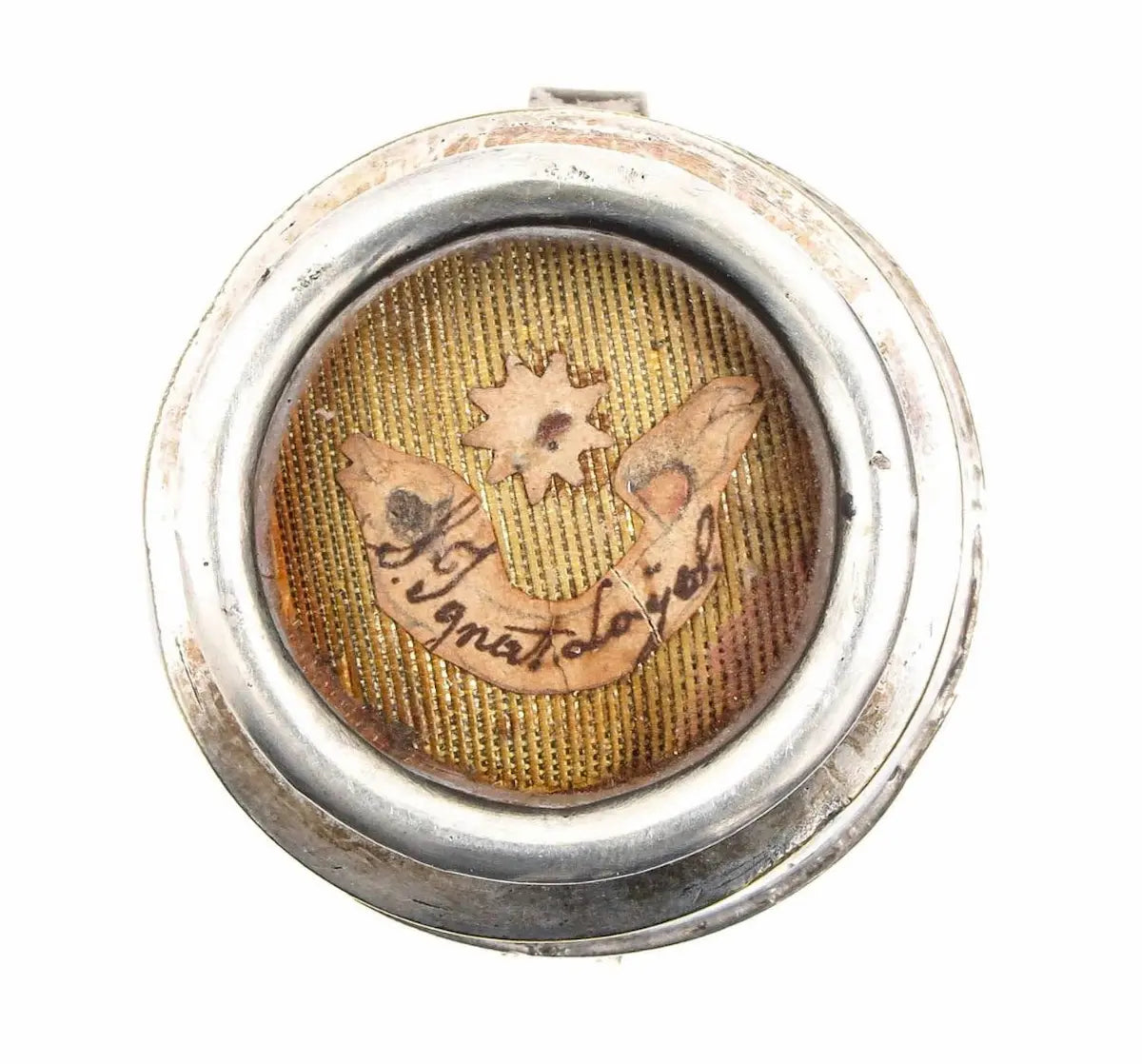 Relic of Saint Ignatius of Loyola in antique devotional reliquary
/
Reliquaire ancien avec relique de Saint Ignace de Loyola