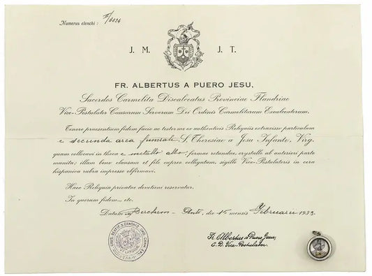 Relic of Saint Thérèse of Lisieux with certificate of authenticity / Relique sacrée de Sainte Thérèse de l’Enfant Jésus avec certificat